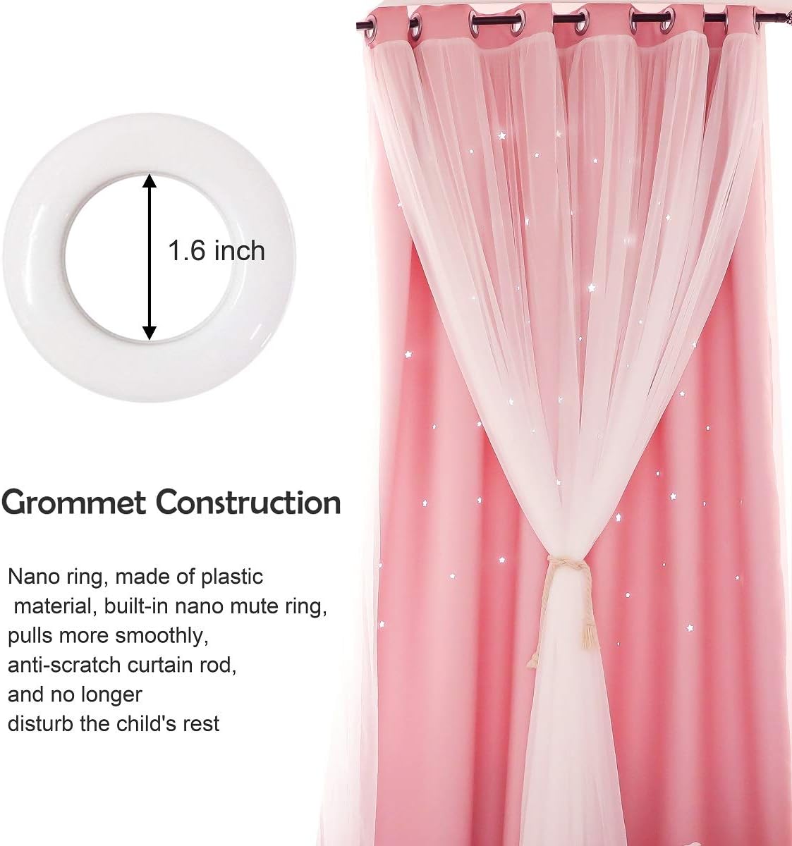 UNISTAR 2 Panels Stars Blackout Curtains for Bedroom Girls Kids Baby Window Decoration Double Layer Star Cut Out Aesthetic Living Room Decor Wall Home Curtain,W52 x L63 Inches,Pink