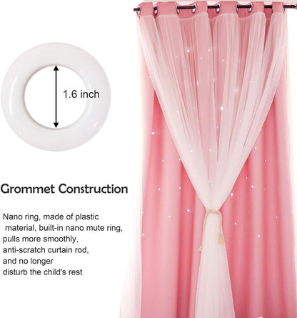 UNISTAR 2 Panels Stars Blackout Curtains for Bedroom Girls Kids Baby Window Decoration Double Layer Star Cut Out Aesthetic Living Room Decor Wall Home Curtain,W52 x L63 Inches,Pink