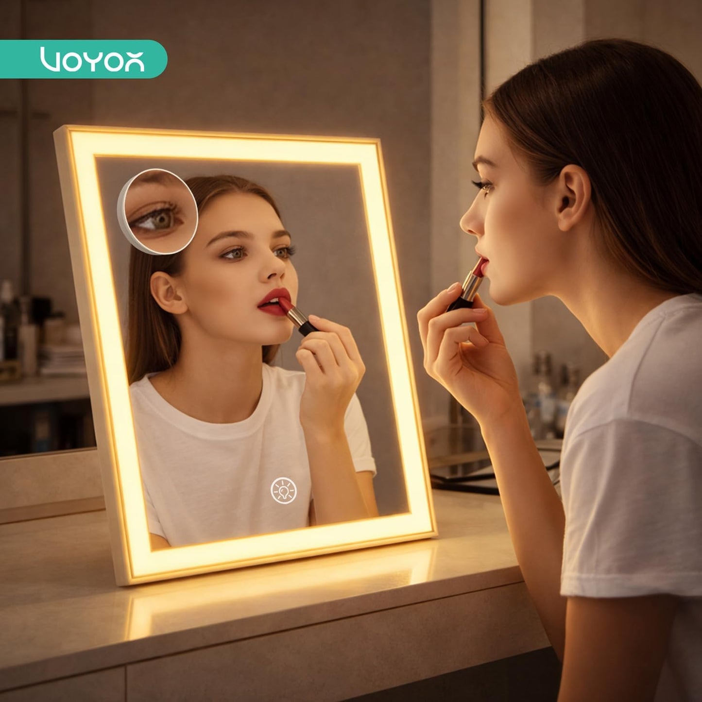 VOYOR Vanity Mirror with Lights, 11.8"x9.8"Rechargeable LED Makeup Mirror | 3 Light Modes, Dimmable, 10X Magnification, Smart Touch Control, Easy to Clean, Lighted Tabletop Mirror, CM300
