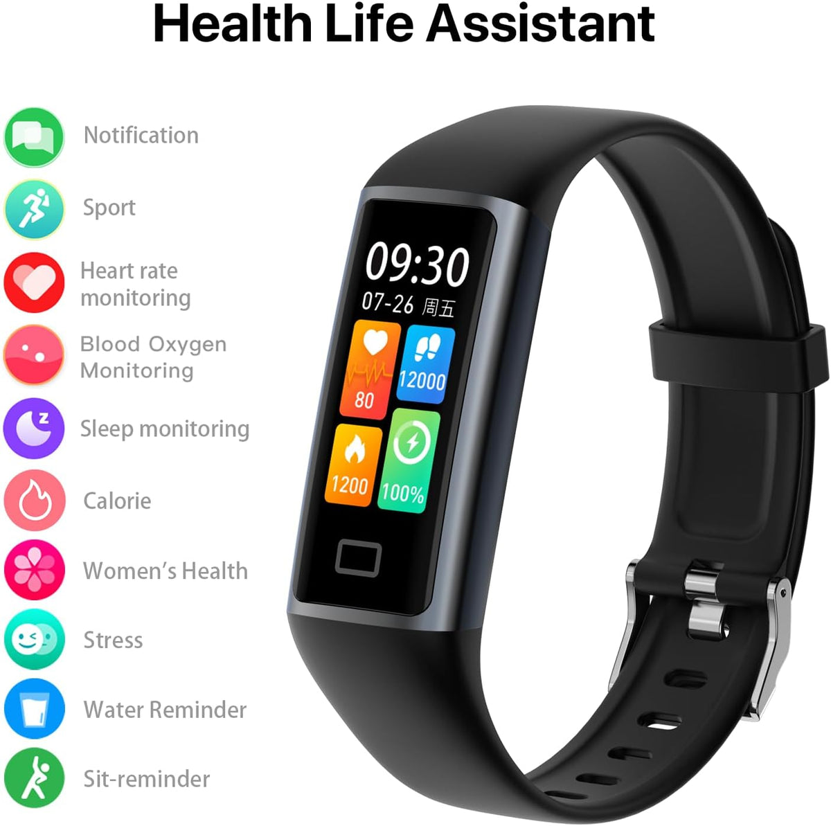 fitness tracker with step/distance/calories counter for women men, close-up detail
