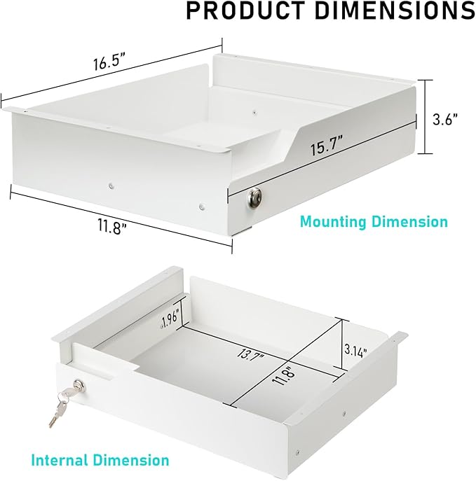 White Under Desk Drawer with Lock, Metal Hidden Storage - Image 2