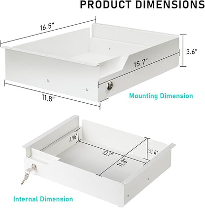 White Under Desk Drawer with Lock, Metal Hidden Storage - Image 2