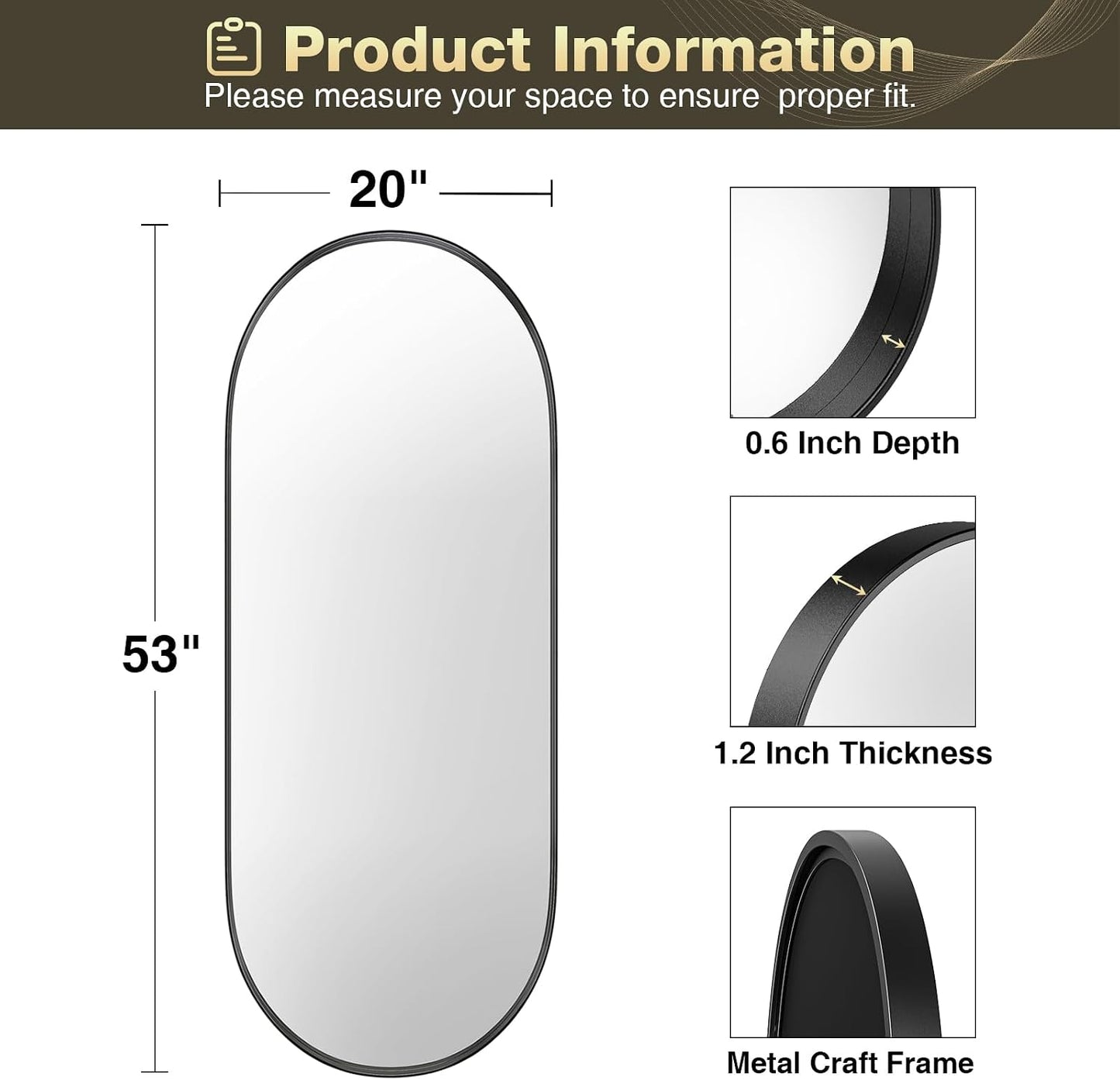 Brightify 20x53 Inch Black Oval Full Length Mirror for Bathroom, Oversized Large Mirror, Vanity Mirrors Metal Frame, Wall Mounted Mirror for Entry Wall Decorative Hang Vertical and Horizontal