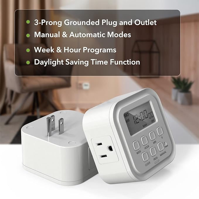 HBN 7 Day Heavy Duty Digital Timer, Dual Outlet, On/Off Programs 3-Prong - Image 3