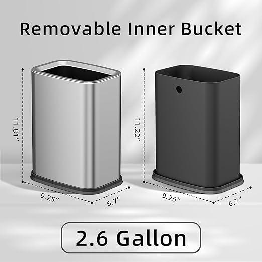 2.6 Gal Stainless Steel Bathroom Trash Can, Metal Waste Baskets - Image 2