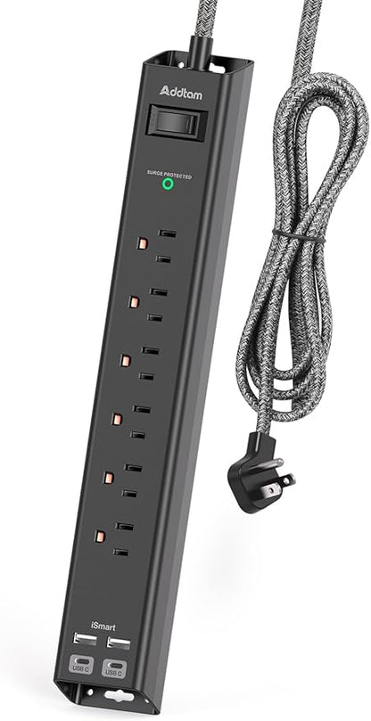 Flat Plug Extension Cord, 6Ft Surge Protector Power Strip by Addtam