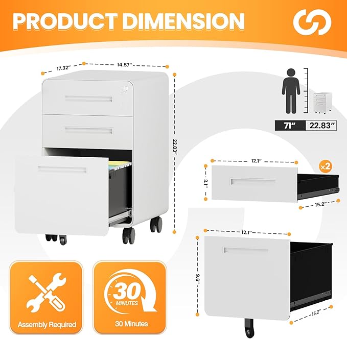3 Drawer File Cabinet, Fully Assembled Mobile File Cabinets - Image 3