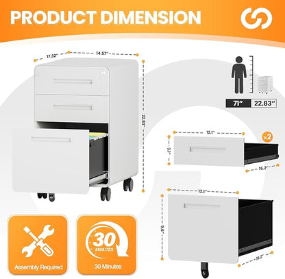3 Drawer File Cabinet, Fully Assembled Mobile File Cabinets - Image 3