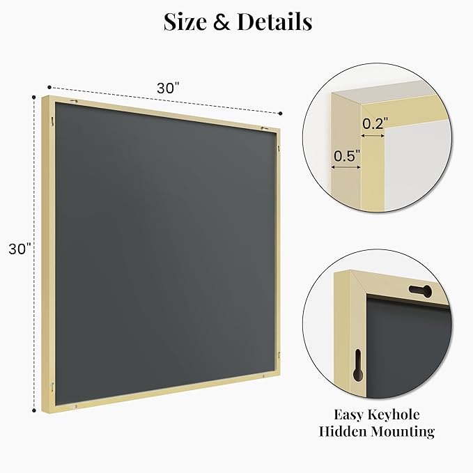 30"x30" Gold Square Mirror for Wall, Metal Framed Bathroom Vanity Mirror - Image 7