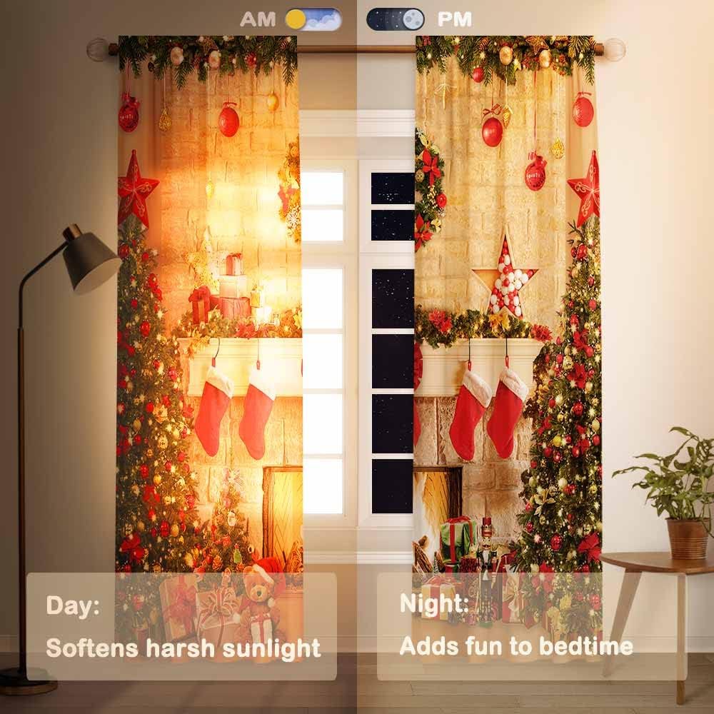 Funnytree Christmas Fireplace Window Curtains for Kids Merry Xmas Winter New Year's Eve Tree Gifts Holiday Baby Bedroom Nursery Toddler Home Party Decor Durable Fabric Machine Washable 82 in x 84 in