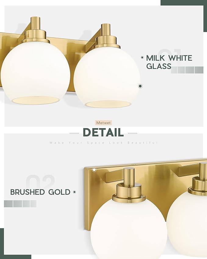 METWET Bathroom Light Fixtures, 4 Light Brushed Gold Vanity Light, 26 Inch - Image 3