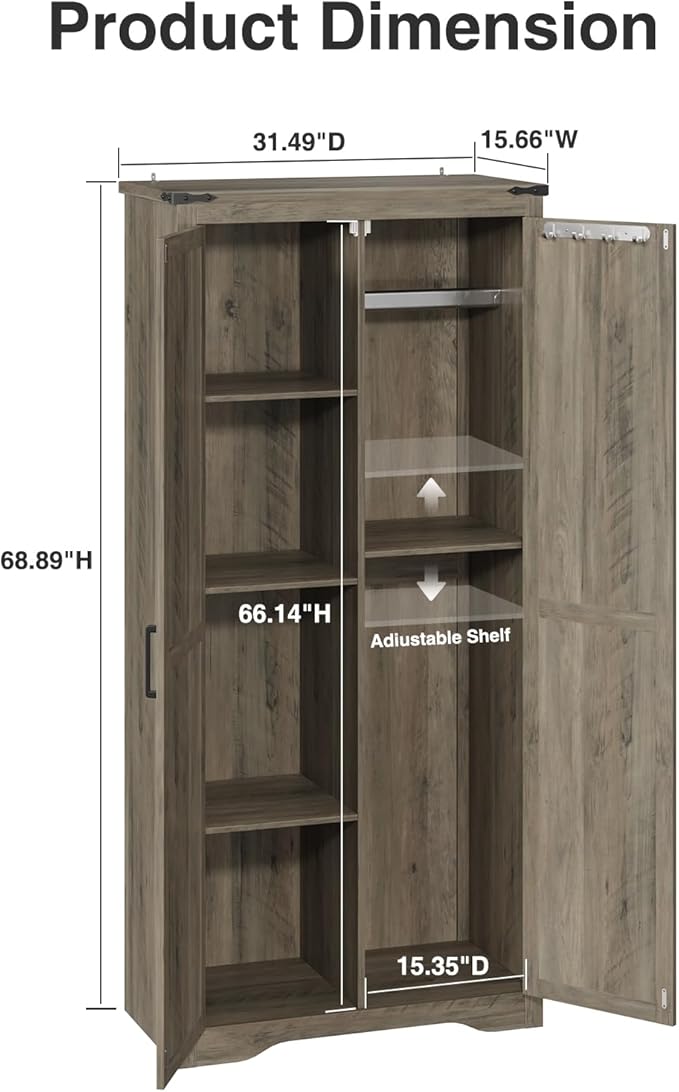 Tall Storage Cabinet with Adjustable Shelves, Farmhouse Pantry Organize with 2 - Image 2
