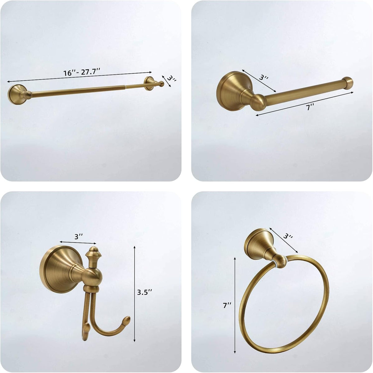 4 piece antique brass gold bathroom towel bar, side view
