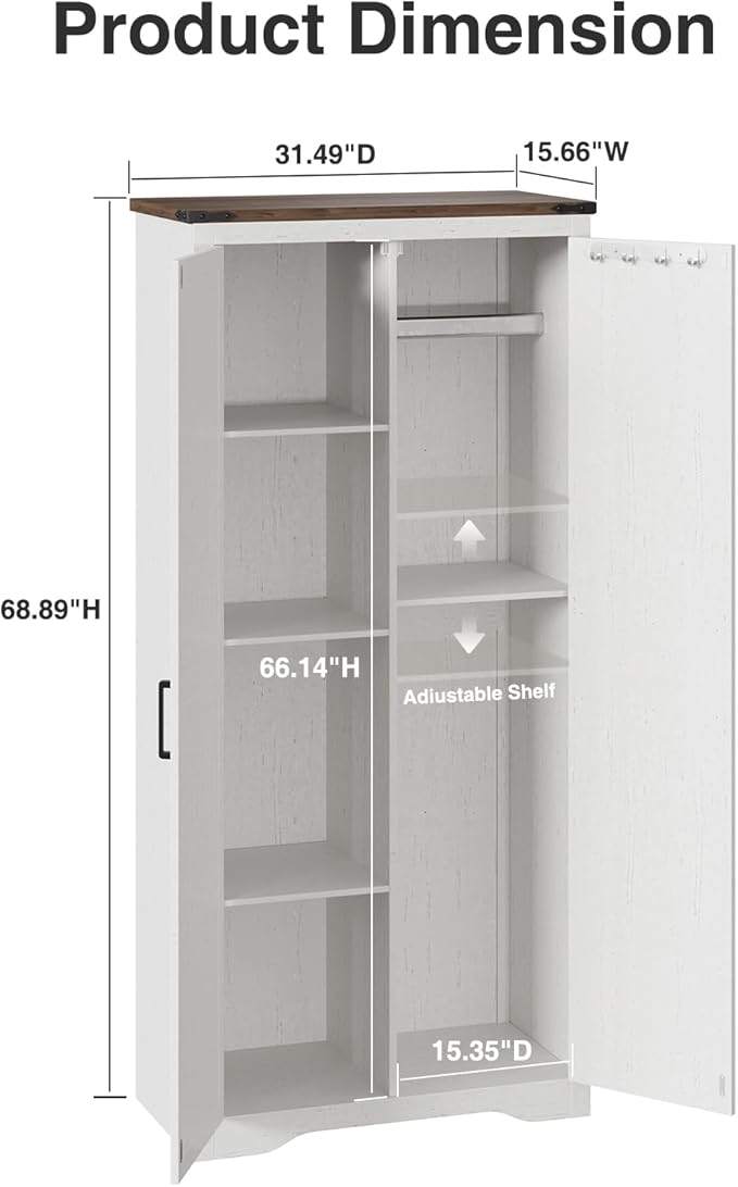 69" Tall Storage Cabinet with Adjustable Shelves, Farmhouse Pantry Organize - Image 2