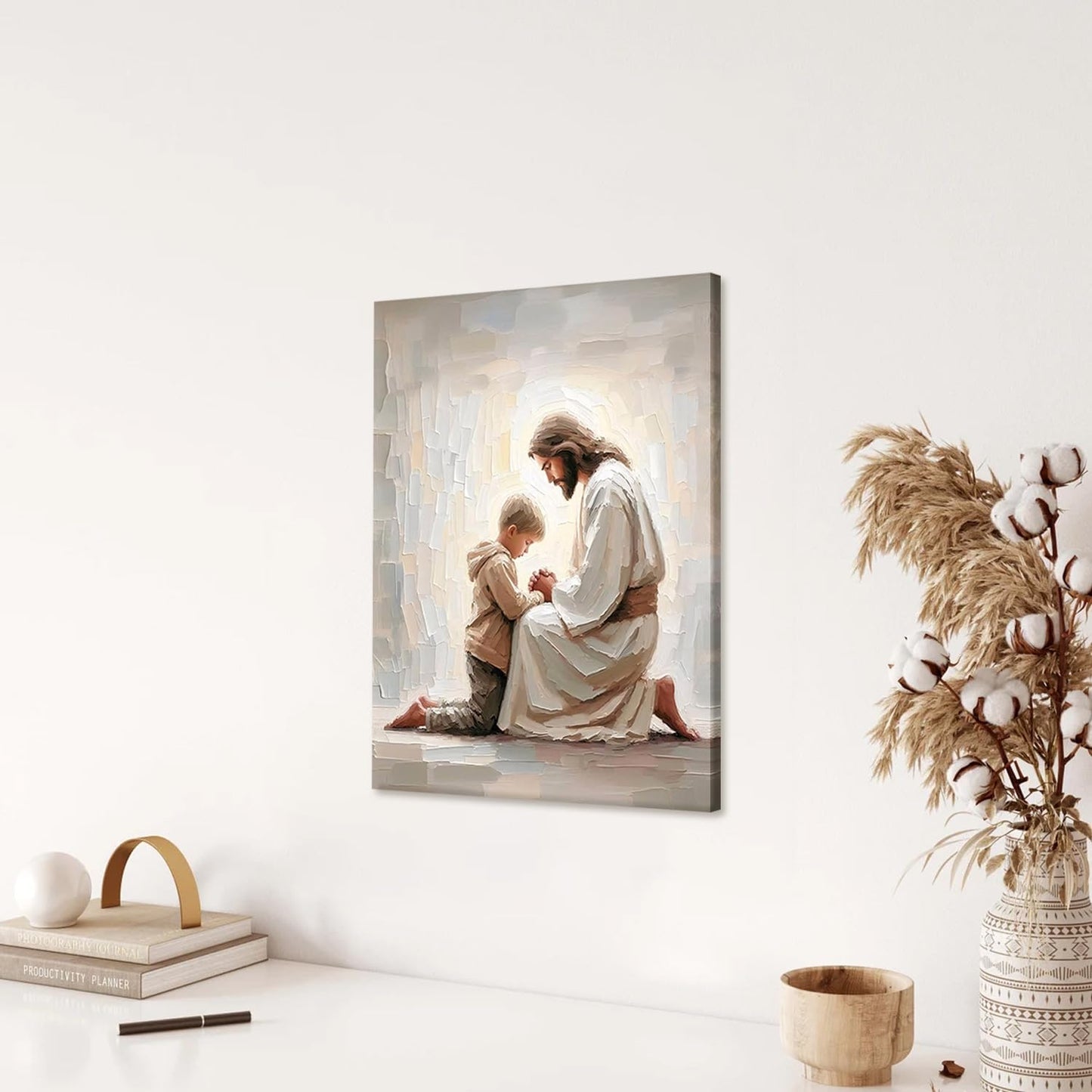 AUUAUU Jesus and Boy Praying Wall Art Christian Canvas Prints 12x16 Inches | Religious Painting Jesus and Children Picture Prints Artwork Christmas Wall Decor for Living Room Bedroom Ready to Hang