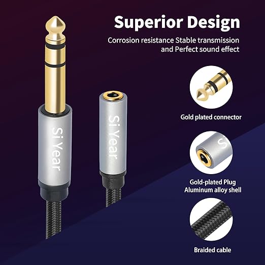 SiYear 1/4" to 3.5mm Headphone Extension Cable, 5FT- 6.35mm Quarter inch Male - Image 2