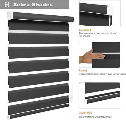 Custom Size Zebra Blinds for Indoor Windows with Cord, Dual Layer Blackout Zebra Roller Shades Corded Pull Down for Home Office Sliding Glass Door Black Out Room Darkening Easy Install