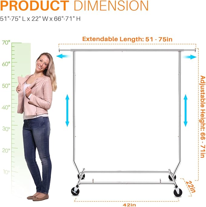 HOKEEPER Clothes Rack with Lockable Wheels Height Adjustable Clothing Rack - Image 6