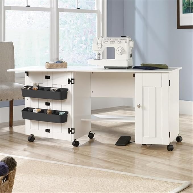 Sauder Folding SewingTable & Craft Cart Storage Cabinet, in Soft White - Image 8