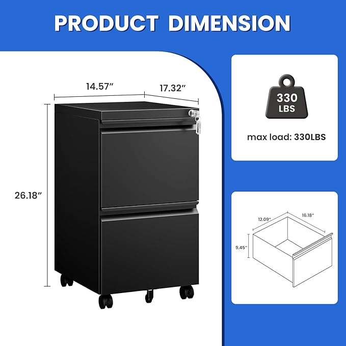 MIIIKO 2 Drawer File Cabinet on Wheels, Home Office Mobile File Drawers Under - Image 3