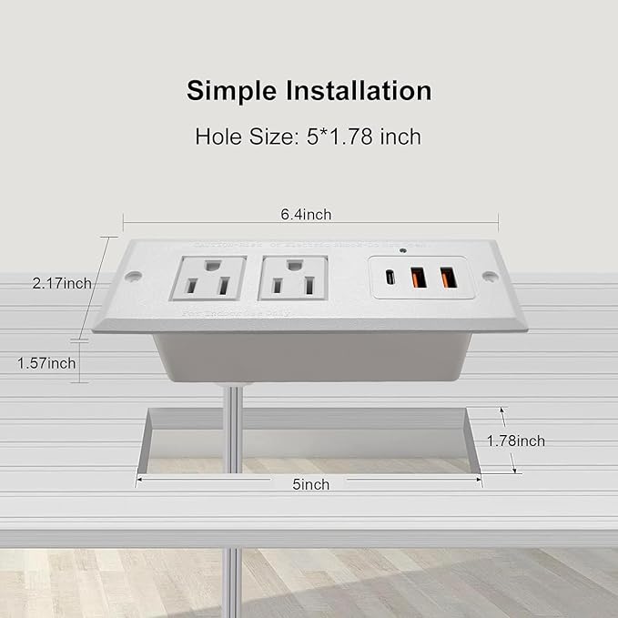 20W Recessed Power Strip USB C Fast Charge Desk Power Outlet Type C Flush - Image 2