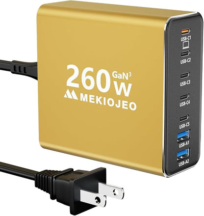 Aluminum Alloy USB C Charger 260W GaN Fast USB C Charging Station 7 Ports 65W by MEKIOJEO