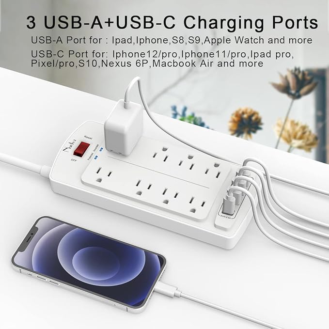 6FT Surge Protector Power Strip, Nuetsa Extension Cord - Image 4