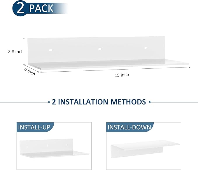 2 Pack White Acrylic Floating Shelves 15 Inches, Wall Hanging Bathroom Shelves - Image 3
