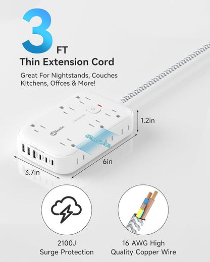 Flat Multi Plug Extender with 6 USB Wall Charger, 12 AC Outlets Wall Adapter - Image 2