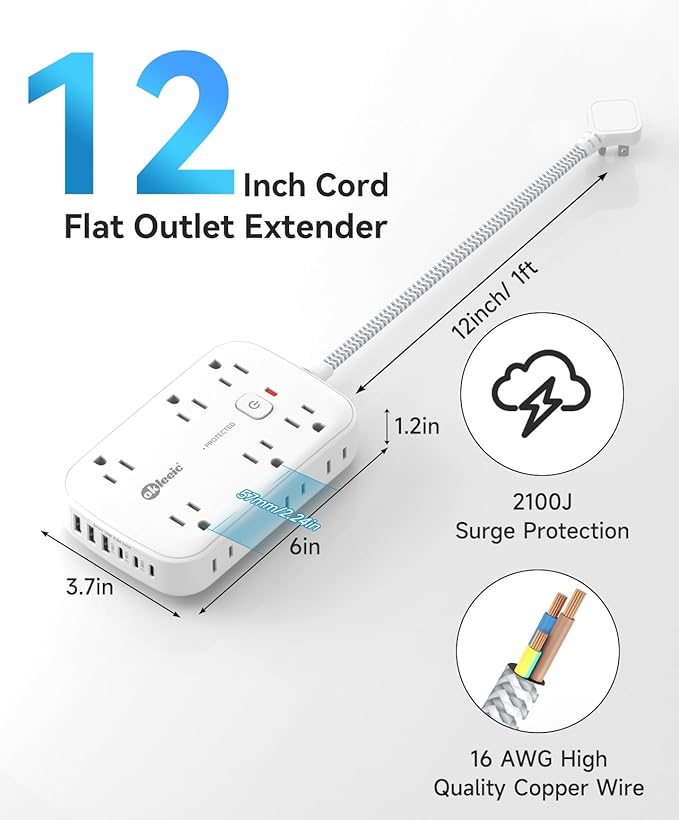 Flat Outlet Extender with 12 Inch Cord, Surge Protector Flat Plug Extension - Image 4