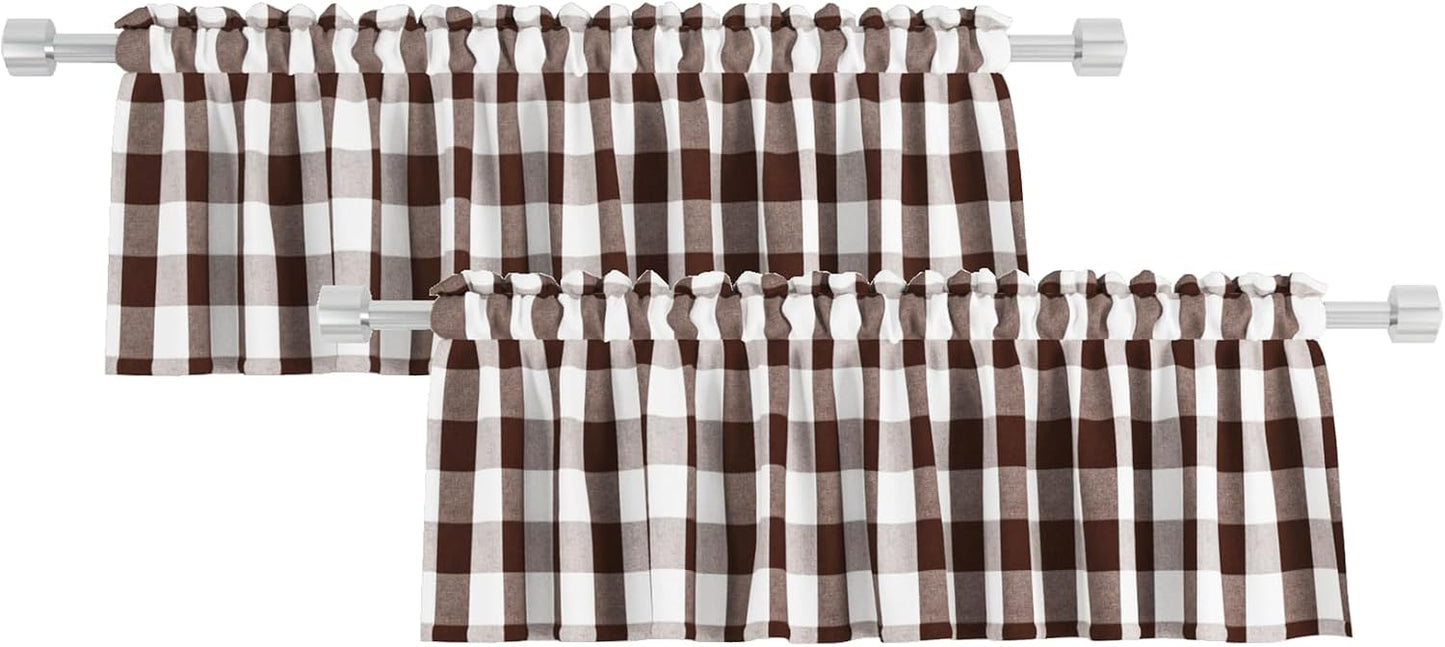 2 Pieces Buffalo Check Valances Curtains for Living Room Windows 18" Long Classic Gingham Plaid Bedroom Bathroom Rod Pocket Country Farmhouse Kitchen Window Curtain Valances - Brown & White