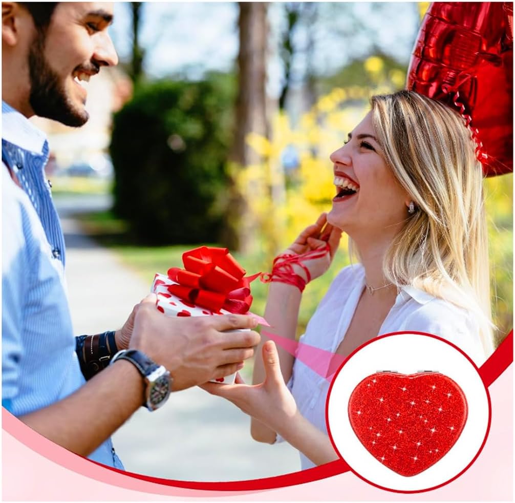 Red Heart Shaped Compact Mirror for Purse,1x/2x Magnification Cute Travel Mirror with Glitter,2.76 inch Double-Sided Mini Folding Mirror,Small Pocket Mirror for Gift,Travel Essentials