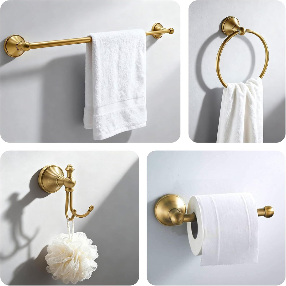 4 piece antique brass gold bathroom towel bar on a desk or shelf