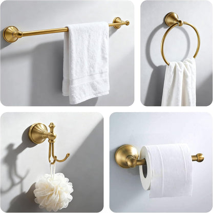 4 piece antique brass gold bathroom towel bar on a desk or shelf