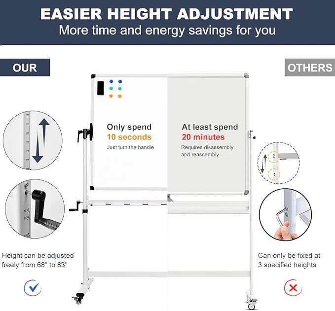 TANKEE Mobile Whiteboard 48 X 36 Inches Height Adjustable Large Standing White - Image 3