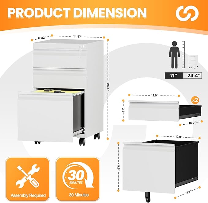 3 Drawer Mobile File Cabinet - Image 3