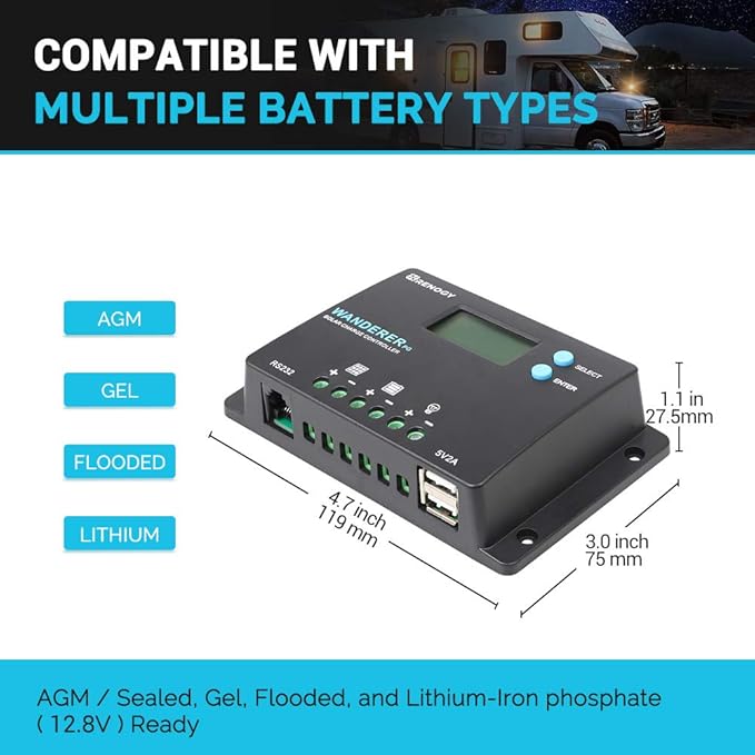 Renogy 10A 12V/24V PWM Postive Ground Solar Charge Controller Regulator Compact - Image 4