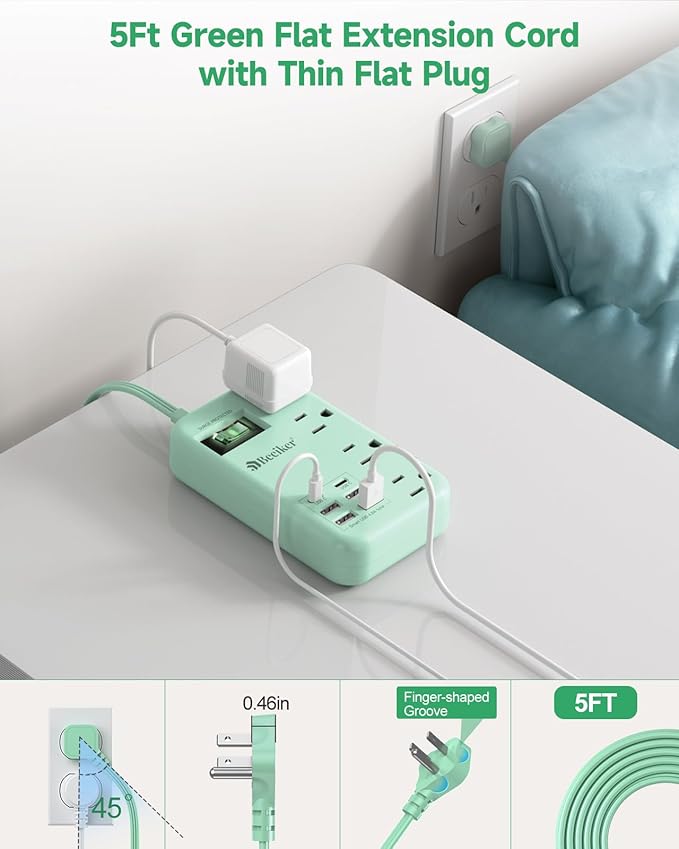 6 USB Green Travel Power Strip- 5Ft Green Extension Cord - Image 4