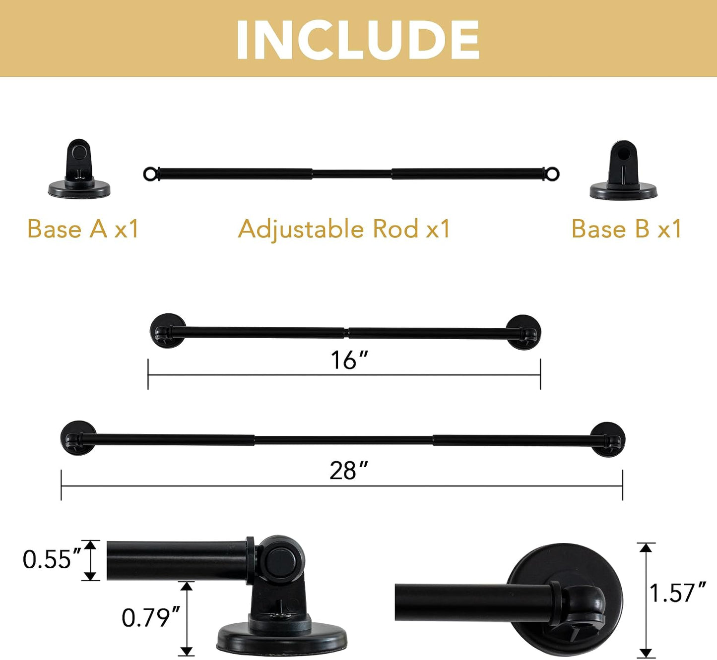 H.VERSAILTEX 1 PACK Magnetic Curtain Rods for Metal Doors 16" to 28", 1/2 Inch Diameter Adjustable French Door Curtain Rod for Classroom Whiteboard Magnetic Cafe Rod Towel Bar Holder, Black
