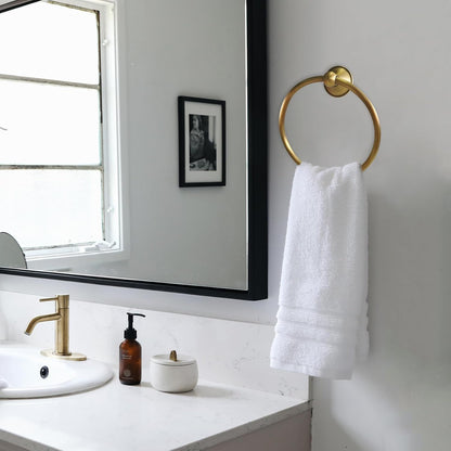 4 piece antique brass gold bathroom towel bar, front angle view