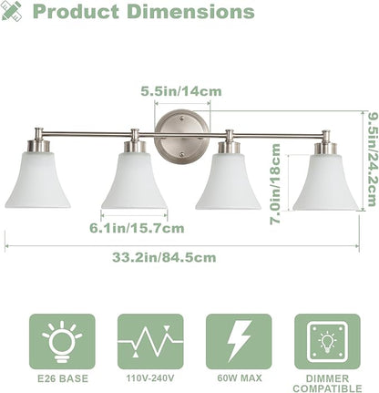 LOUSACE 4 Light Bathroom Vanity Light Brushed Nickel Bathroom Lighting Fixtures - Image 6