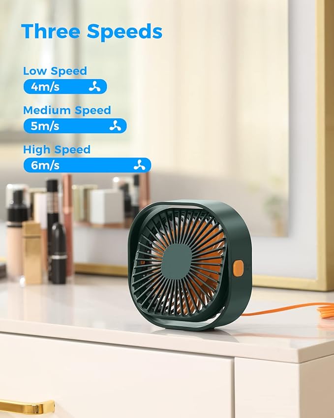RJVW 4 Inch Small USB Desk Fan, 3-Speed Portable & 360°Rotatable Mini Cooling - Image 2