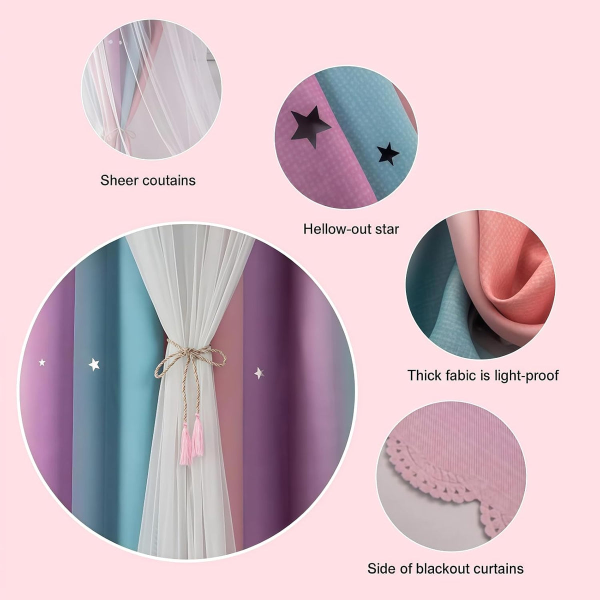 Star Cutout Blackout Curtains, Pink Purple Blue, W52 x L63 Inch | 2 Panels, Outer Sheer Layer, Rainbow Ombre Unicorn Princess Decor, Top Grommets, Ideal for Girls Bedroom Kids Room Nursery