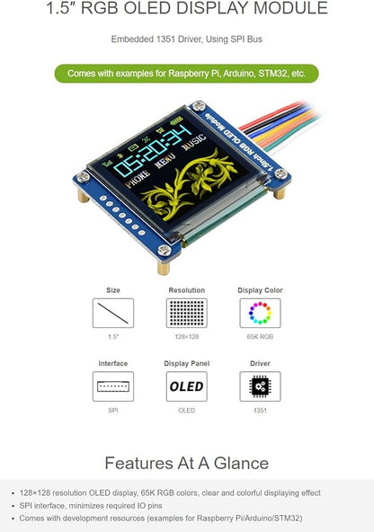 waveshare 1.5inch RGB OLED Display Module 128x128 Pixels 16-bit High Color - Image 2