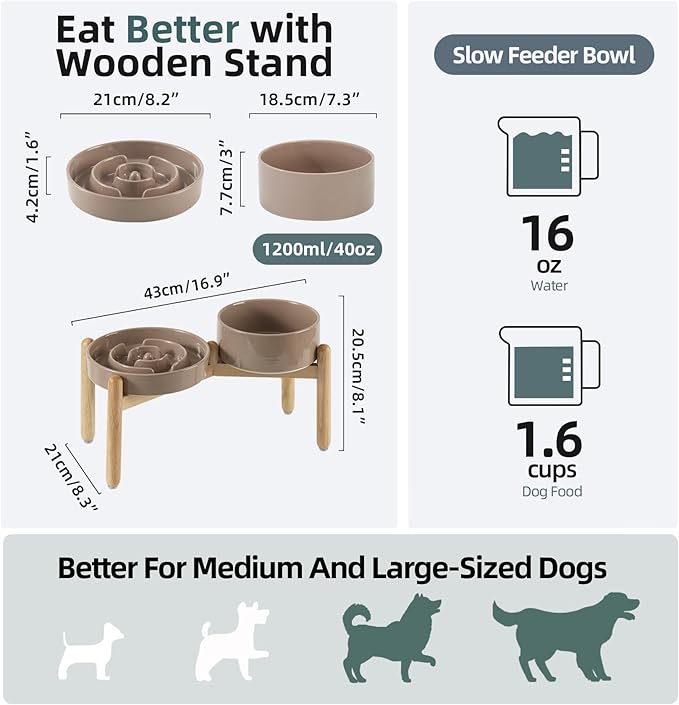 Ceramic Raised Slow Feeder Dog Bowl Set, Elevated 7.3inch Bowl and 8.2inch - Image 2