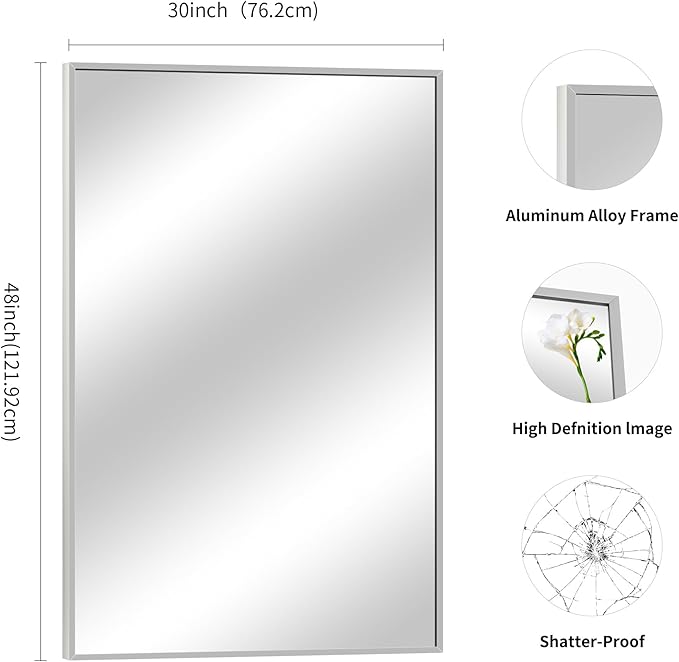 Silver Bathroom Mirror for Wall, 30x48 Inch Rectangle Mirrors - Image 5