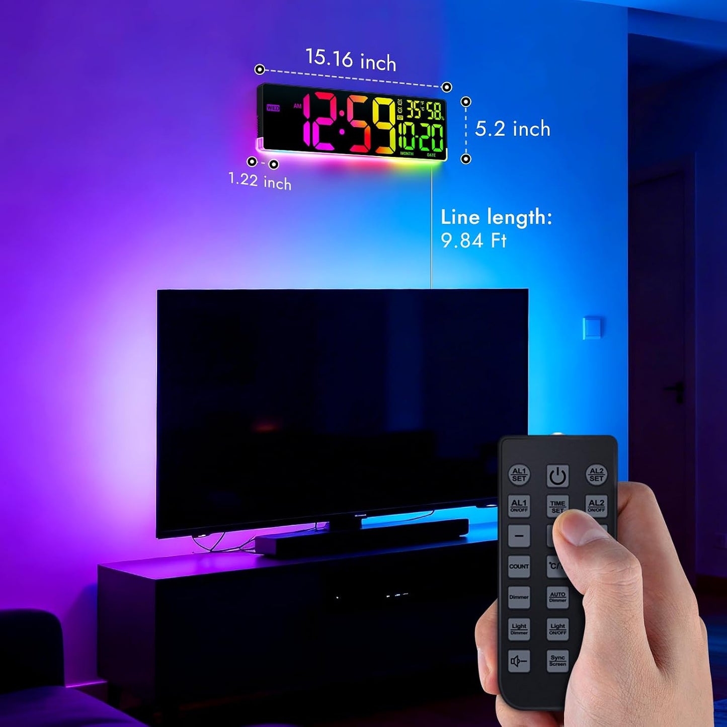 16.5" Large Digital Wall Clock for Classroom, Sync Screen RGB Backlight | 11 Screen Colors, 13 U-Shaped RGB Modes, Temp Humidity, Auto DST, Dual Alarm, Timer, Digital Clock for Gym Gaming Room