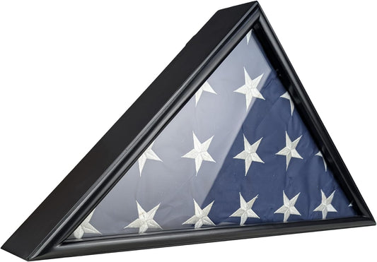 Burial Flag Display Case Fits 5'x9.5' Flag, Thin Bottom Edge Military Flag Box with Glass Front for American Veteran Flag, Wooden Memorial Folded Flag Case Shadow Box (Black)
