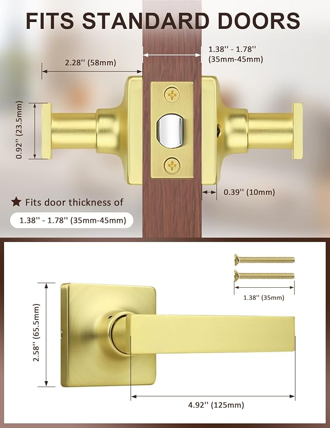 Mengico 2 Pack Passage Door Levers Gold Finish, No-Locking Keyless Square Door - Image 5