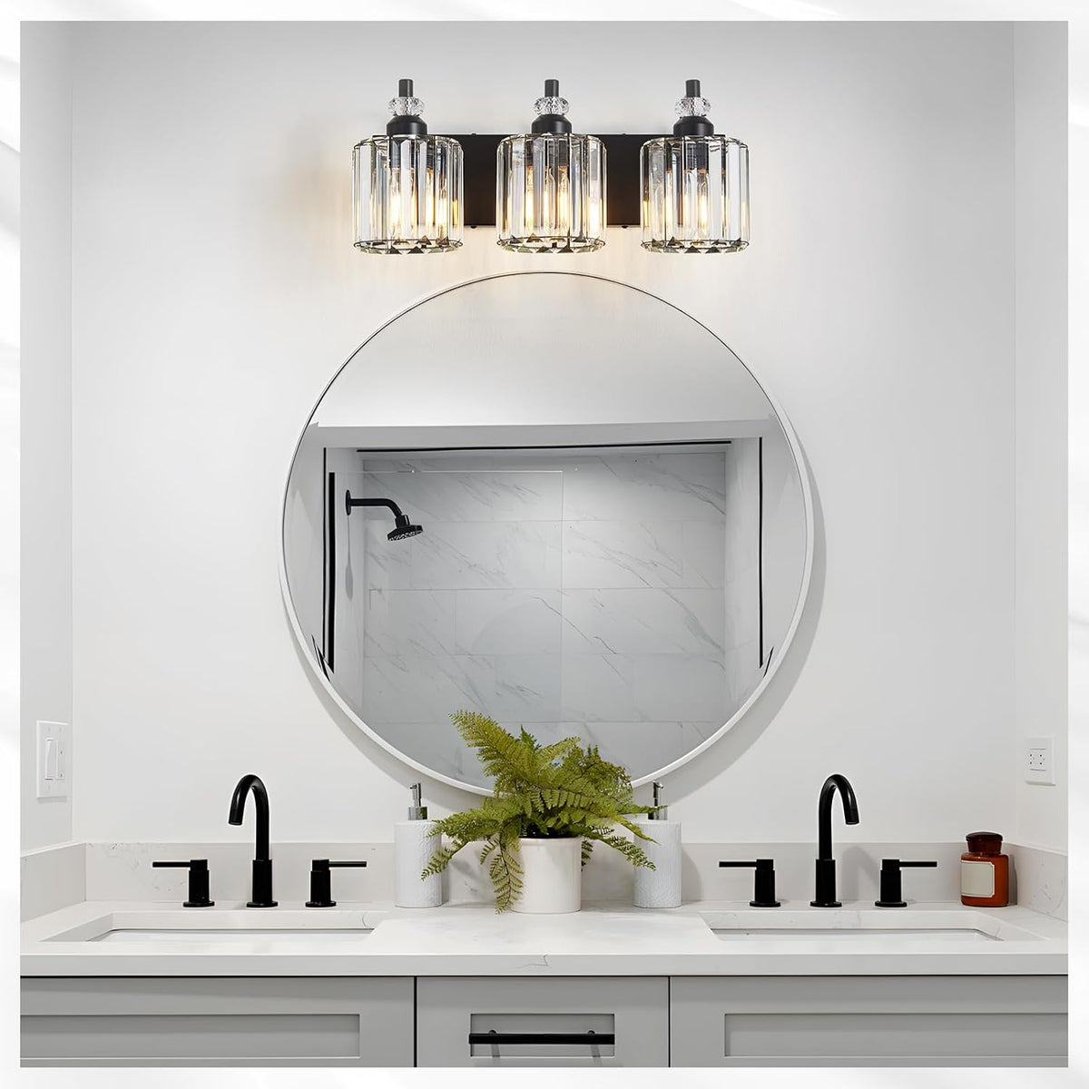 3-Light Black Bathroom Light Fixtures Over Mirror Modern Vanity Lights Crysta...